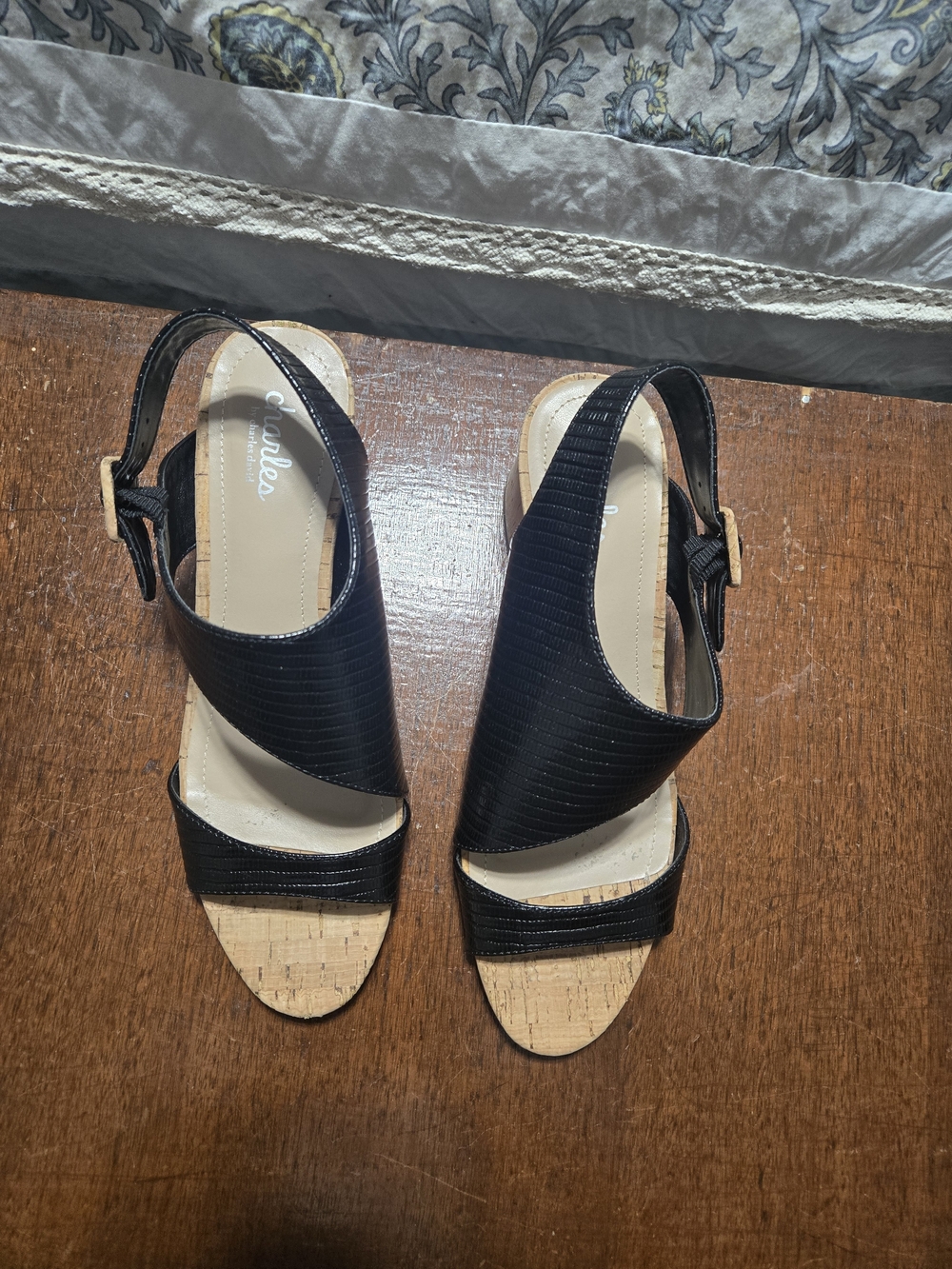 Charles David Black Slingback Cork Wedge Sandals